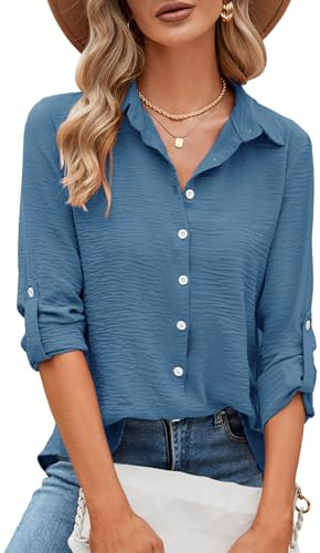 Odosalii Womens Blouses Rolled Up Long Sleeve V Neck Button Down Shirt | Elegant Work Office Business Casual Tunic Tops