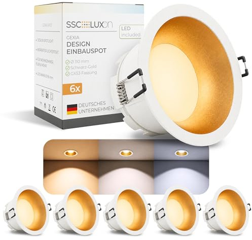 SSC-LUXon GEXIA Deckenspot 6er Set weiß-gold Ø110mm GX53 3W 3 Lichtfarben | Sechs Deckenspots weiß-gold - warm / neutral / kalt per Schalter, für Küche, Flur & Wohnzimmer, inkl. GX53 LED