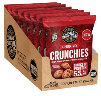 The Mad Butcher Chorizo Crunchies, Oven Baked Gourmet Savoury Snack 25g x10 | Gluten Free, High Protein, Made with Almond & Rice Flour, Not Fried, High Fibre, 25g (Pack of 10)