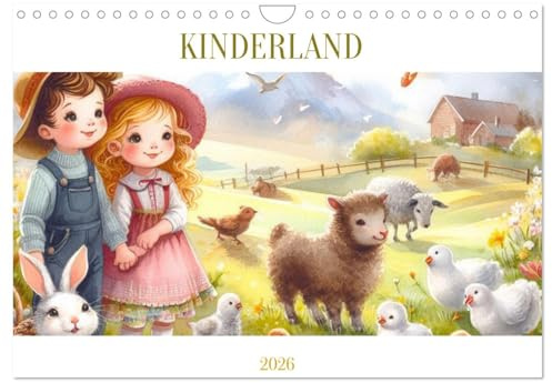 KINDERLAND (Wandkalender 2026 DIN A4 quer), CALVENDO Monatskalender: Farbenfrohe Landschaftsaqurelle mit Kindern (CALVENDO Menschen)