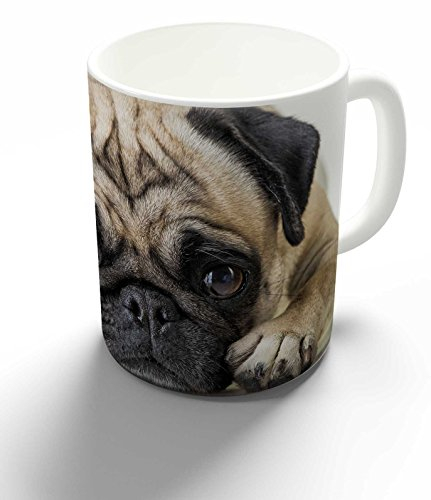 Becher/Tasse/Kaffeebecher/Kaffeepott aus Keramik - 300 ml Motiv: Mops liegend traurig(05)