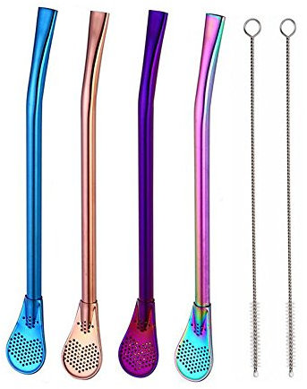 Set di 4 cannucce in acciaio inox, con filtro colorato, cucchiaino riutilizzabile, cannucce per tè Yerba Mate Bombilla con spazzola per la pulizia inclusa