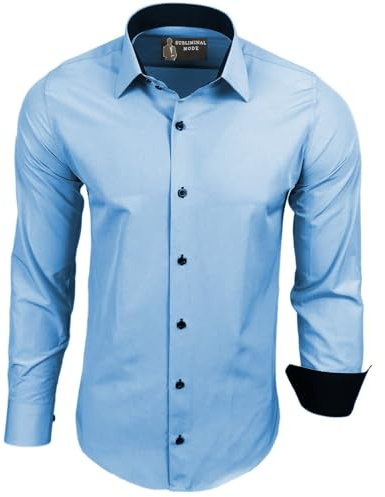 Subliminal Mode - Repassage Facile Chemise Homme Col Bicolore Uni Manches Longues Coupe Slim Business Idée Cadeau, Noël, Saint Valentin RN44,6XL,Bleu Light