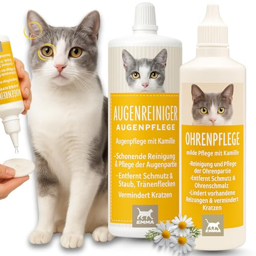 EMMA Augentropfen & Ohrenreiniger Katze – Pflege-Set 2×100 ml | Augenpflege, Augenreiniger & Ohrenpflege mit Kamille – für Tränenflecken, Ohrenschmalz und sanfte Reinigung