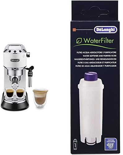 DELONGHI Dedica Style, Machine expresso pour préparer des boissons café et lactées, EC685W, Blanc & DLSC002 Filtre à eau