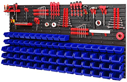 PAFEN Lagersystem - 1544 x 780 mm - Wandregal 75x Blau Stapelboxen und 38 stück Rot Werkzeughalter | Wandplatten mit Zubehörteile
