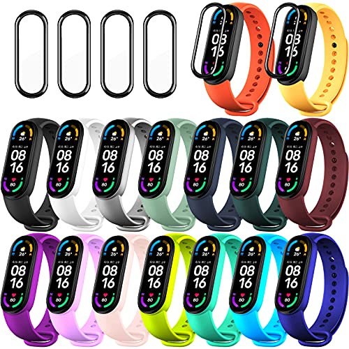 BANGTING 20 Pezzi Cinturino Compatibile con Xiaomi Mi Band 5 / Amazfit Band 5, Braccialetto Ricambio per Mi Band 5 Bracciale Bracciali Cover Mi Fit 5 Cinturini (16 Colori + 4 Pellicola Protettiva)