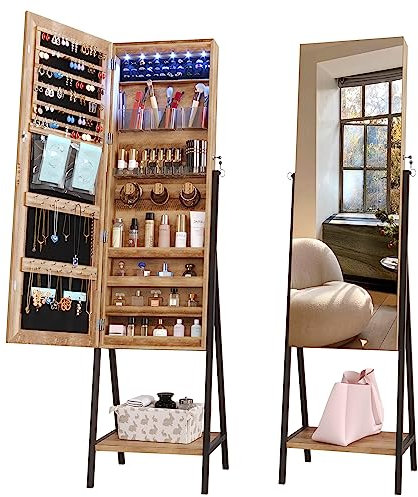 LVSOMT Armoire à Bijoux Sur Pied LED Avec Miroir Pleine Longueur, Verrouillable, Sans Cadre, Lumières à 3 Couleurs, Rangement, Marrón