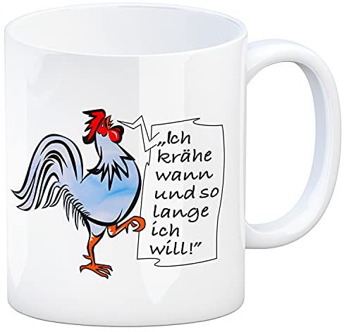 Kaffeebecher mit Hahn Motiv in blau und Spruch: Ich krähe so lange ich will! schöne Kaffeetasse als Geschenk für Kaffeeliebhaber die Hühner mögen und auf einem Bauernhof leben