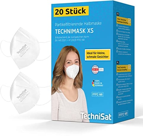 TechniSat TECHNIMASK XS - 20x FFP2 Maske für kleine, schmale Gesichter (5-lagige Einweg-Maske aus hochwertigem Vlies, hautfreundlich, Gesichtsmasken Made in Germany)