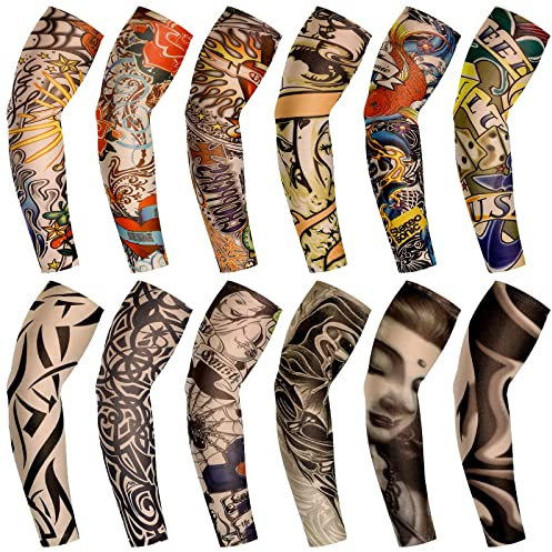 12 Stück Tattoo Ärmel Set Gefälschte Sonnencreme Armlinge (Buntes Muster)