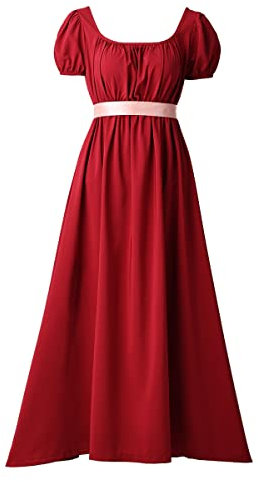 COSDREAMER Robe médiévale Victorienne Taille Haute rétro régence pour Femme avec Ruban et Manches Bouffantes, Rouge vin, 46