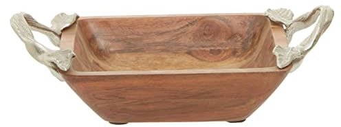 Premier Housewares Vine Acacia Wood Square Dish/Sustainable Acacia Wood/Handcrafted Dish with Subtle Graining/Organic Charm/Aluminum Leaf Handles/Dimensions are W29 x D20 x H9cm/ Weight 0.64