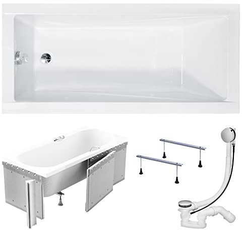 KOLMAN Badewanne MODERN Rechteck 180x80 mit Styroporverkleidung, Ablaufgarnitur und Füßen Komplettset 4in1 Premium Original Acryl Wanne Siphon