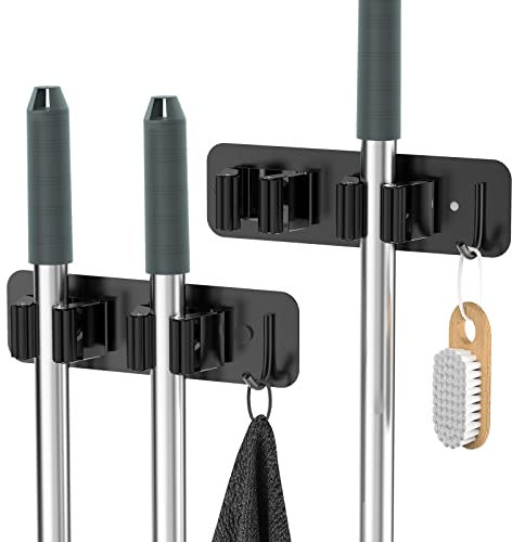 Wall Mount Mop and Broom Holder, HOMEASY Heavy Duty Stainless Steel Organizer Rack with Hooks | 2-Pack, 2-in-1 No Drill & Screw Installation, Black