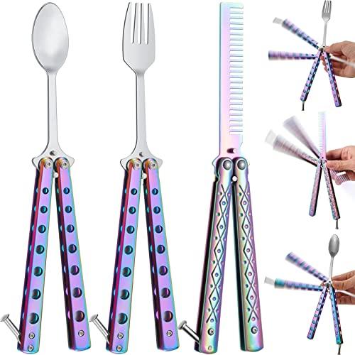 Eaasty Schmetterlingskamm, Schmetterlingsgabel und Löffel, taktischer Edelstahl, zusammenklappbar, Schmetterlingslöffel für Camping, Jagd, Reisen, Outdoor, 3-teilig (bunt)