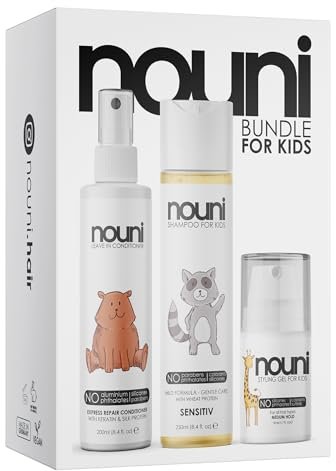 Haargel, Shampoo & Leave-In Conditioner für Kinder und Kleinkinder | Styling Gel ohne Rückstände - Shampoo ohne Tränen & Ziepen - Repair Conditioner | Für alle Haartypen bei Mädchen und Jungen | nouni