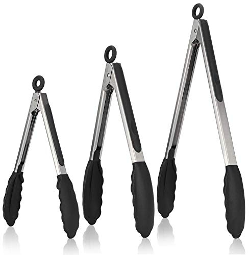 Kitchen Tongs, 7/9/12 inches Cooking Tongs, with 600ºF High Heat-Resistant Non-Stick Silicone Tips, 18/8 Stainless Steel Handle, for Food Grill, Salad, BBQ, Frying, Serving, Pack of 3(Black)