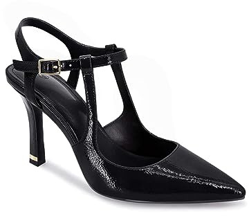 Coutgo Womens High Heels Pointed Toe Ankle Strap Pumps Patent Leather Sexy Stiletto Office Wedding Dress Shoes, Black, Size 8