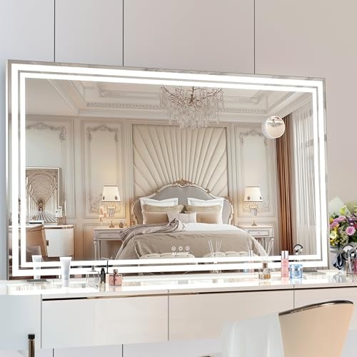 BEAUTME Hollywood Schminkspiegel mit Beleuchtung, Make up Schminkspiegel mit LED-Licht, 3 Farbtemperatur Licht, 10-facher Vergroßerspiegel, Wandspiegel Tischspiegel,Theaterspiegel (Silber-62×101,6cm)