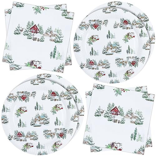 ZVK Vajilla de fiesta, Juego de Platos, Servilletas 40 piezas Blanca Navidad Juegos de vajilla para fiestas de papel Juegos de cubiertos desechables para Navidad, Año Nuevo