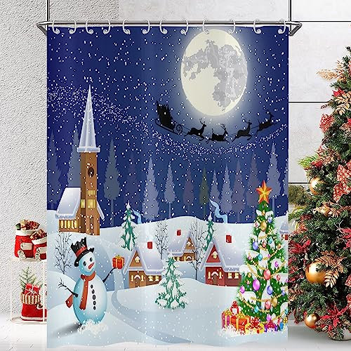 Hnmdmyi Duschvorhang Weihnachten 180x200, Winterlandschaft Mond Schneemann Xmas Baum Urlaub Blau Weiß Badewanne Vorhang Wasserdicht Polyester Stoff Waschbar Badevorhang für Badezimmer mit Haken