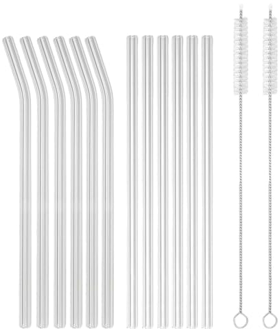 Intirilife 15-teiliges Strohhalm Set aus Glas - 20 x 0.8 cm - Wiederverwendbares Trinkhalm Set mit 12 gebogenen Strohhalmen, 2 Bürsten und Aufbewahrungstasche