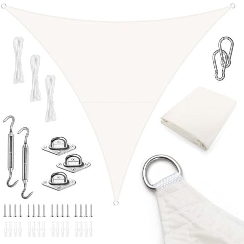 LOVE STORY Toldo Vela de Sombra Triangular 4x4x4m Impermeable Oxford Vela, Incluye Kit Montaje para Toldos Exterior, Resistente al 95% Rayos UV para Terraza Balcon Patio Jardín, Crema