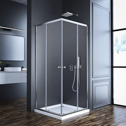 Goezes Duschkabine Eckeinstieg 100x100cm Schiebetür Eckeinstieg Duschabtrennung, Glas 100x100x185cm Schiebetüren Duschwand aus 6mm ESG Sicherheitsglas, LINKS & RECHTS MONTIERBAR, Dusche Höhe 185cm