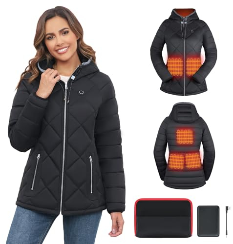 Vofuoti Veste Chauffante Femme avec Batterie Incluse, 3 Niveaux de Chauffage, Manche Longue, Doudoune Chauffante à Capuche, Snowboard, Camping, Extérieur, Cadeaux