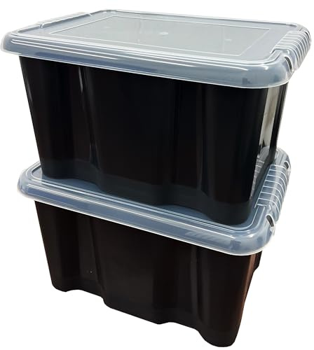STORM TRADING GROUP 24 Litre Large Black Plastic Storage Box With See Through Lids Stackable Organizing Box Container For Bedroom, Garage & Office (5)