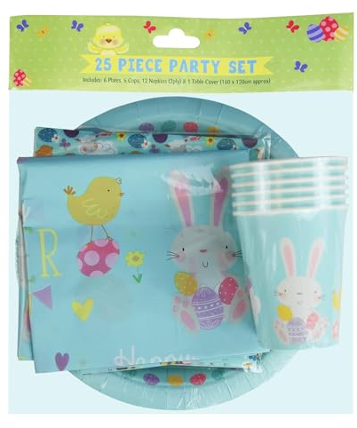 Tilz Vaisselle de fête de Pâques – Ensemble de vaisselle de fête 25 pièces – 6 assiettes en carton lapin de Pâques, 6 gobelets en papier, 12 serviettes et 1 nappe de table – Ensemble de table de fête