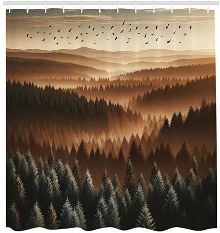 ABAKUHAUS Braun Duschvorhang, Natur Wildnis Landschaftspanorama Sonnenuntergang über bewaldetem Berg Fliegende Vögel, Stoffliches Gewebe mit Haken, 175 x 200 cm, Karamell, Tannengrün