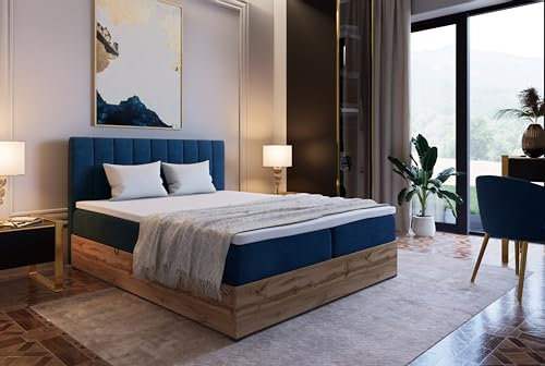Marlux-Meble Boxspringbett mit Matratze 120x200 cm und Stauraum | Steppung Doppelbett mit Matratzen Topper und Bettgestell 120x200 | Riko II, Marine