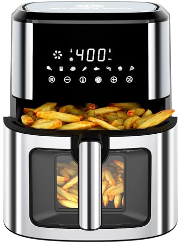 Kitchen Elite: freidora de aire de acero inoxidable con ventana de visión, freidora grande XL de 8.5QT, control digital de 8 en 1, controles de temperatura de 400 °F, apto para lavaplatos