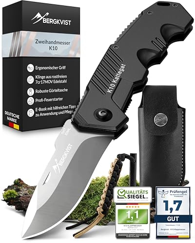 BERGKVIST® K10 Couteau pliant (couteau à deux mains) - Couteau de poche pour le camping, la chasse ou la survie - avec bâton de feu et étui de ceinture - Brillance de l'acier
