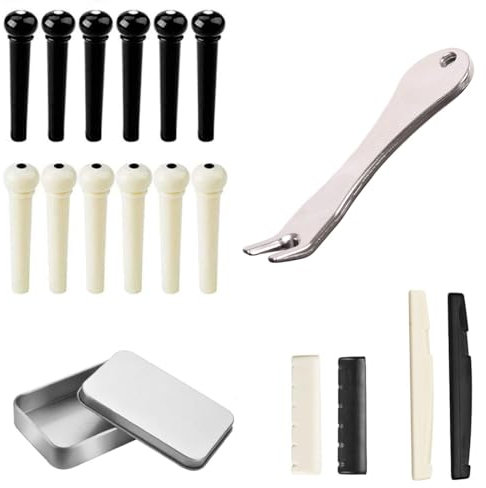 12 PCS Chevilles pour Guitares, 4 Sillets de Chevalet avec 1 Chevilles Extracteur Outil, Remplacement Broches de Pont de Guitare pour 6 Cordes Guitares Acoustique/Folk/Classique,Cheville Acoustique