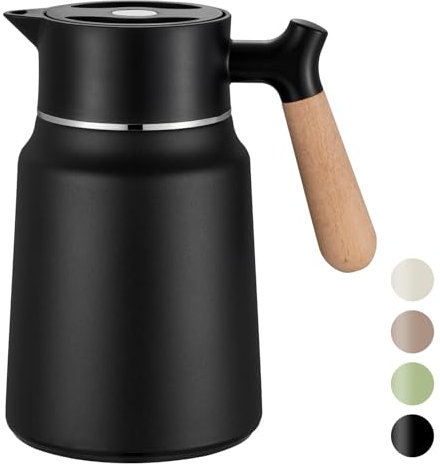 VETIN Bouteille isotherme de 1,5 l en acier inoxydable 304 - Double paroi - Isolation sous vide - Avec poignée aspect bois - 10 h de chaleur / 16 h de froid (noir)