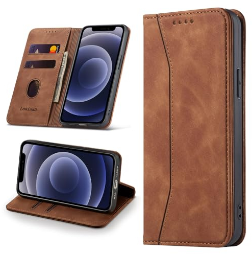 Leaisan Handyhülle für iPhone 12 Mini Hülle Premium Leder Flip Klappbare Stoßfeste Magnetische [Standfunktion] [Kartenfächern] Schutzhülle für iPhone 12 Mini Tasche - Braun