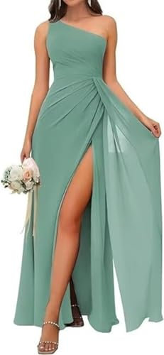 SAMHO Damen One Shoulder Brautjungfernkleid Hohe Taille Plissee Chiffon A Linie Langer Schlitz Abendkleid, Eukalyptus, 36