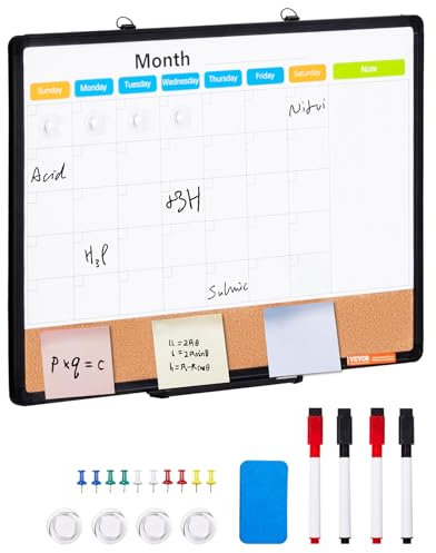 VEVOR Combo Tableau Blanc et Tableau en Liège 60 x 45 cm, Calendrier Mensuel avec Cadre en Aluminium, Tableau Magnétique Effaçable à Sec, Montage Mural, pour Faire des Plans Bureau Maison École