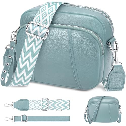 JUYANO Umhängetasche Damen Kleine, Handtasche Damen Leder mit Breitem Gurt Moderne Klein Crossbody Bag mit 3 Reißverschlussfächern und 1 Abnehmbarem Schultergurt