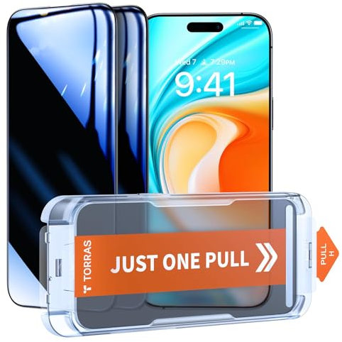 TORRAS Uncrackable 9H+ for iPhone 16 Pro Max Privacy Screen Protector [ 12FT Military-Grade Anti Shatter] [Top 25° Anti Spy, Data Protection] Full Coverage Tempered Glass, 2-Pack 6.9