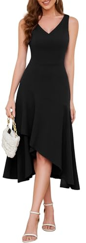 Aupuls Women High Low Midi Formal Dress V Neck Ruffle Wedding Guest Dresses | Elegant flowing ruffle hem, Invisible zipper, high-low hem elongates silhouette, versatile for prom, cocktail, evening events