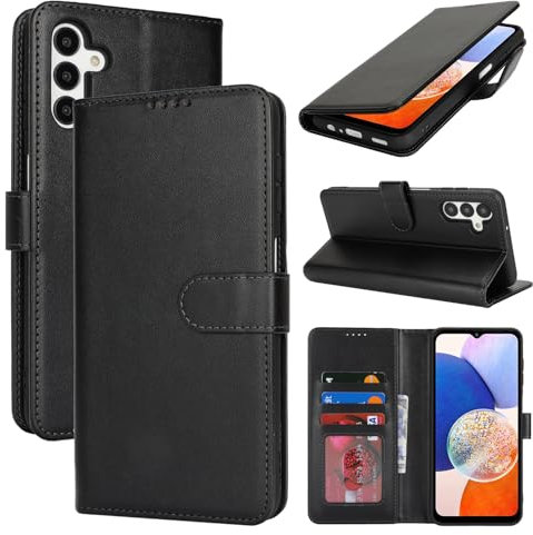 Zouzt Hülle für Samsung Galaxy A14, Stoßfestes PU Leder Handyhülle Lederhülle Klapphülle mit Kartenhalter und Standfunktion Flip Leather Wallet Phone Cover (Schwarz)