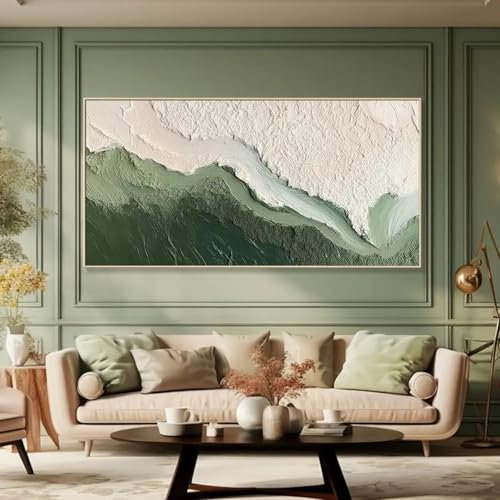 3D-Malerei mit grüner Ozeanwellen-Textur, Wabi-Sabi-Kunst, abstrakte Wohnzimmerdekoration, moderne große Leinwandbilder, Wandbilder, 70 x 140 cm, rahmenlos