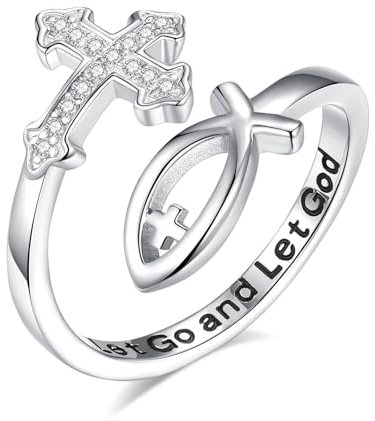 EUDORA Harmony Ball Kreuz Ring Jesus Fisch Symbol Ringe für Damen Herren S925 Sterling Silber, Kreuz Ichthys Einstellbare Ring Glaube Schmuck Christlicher Geschenk für Frauen Herren