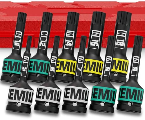 Aurlloct 1/2 Inch Drive Impact XZN Bit Socket, 10 Piece Impact Triple Square Spline Bit Socket Set, M5 - M18 Triple Square Bit Set for Auto Repair Industrial Assembly Equipment Maintenance