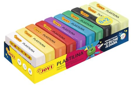 Jovi - Plastilina de colores que BRILLA en la oscuridad - Pack de 10 Pastillas de 50 Gramos, 8 Colores básicos + 2 FOSFORESCENTES, no Tóxica, Plastilina Jovi Vegetal Niños a partir de 3 Años (70/10G)