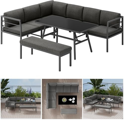 Melko Aluminium Essgruppe Set Ecklounge mit Sitzbank und Tisch Glas | wetterfest und rostfrei | Sitzgruppe variabel aufstellbare Elemente extra Dicke Wasserabweisende Kissen